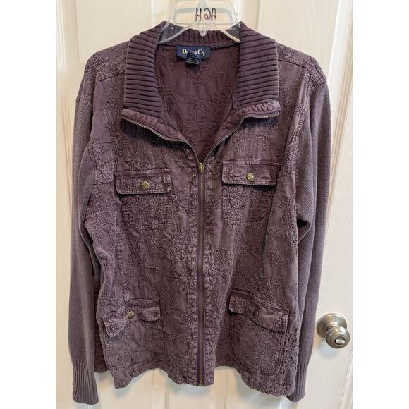 Denim Co 1X Jacket Red Wine Distressed Knit Sleeves Embroidered Collar Pockets - Picture 1 of 9